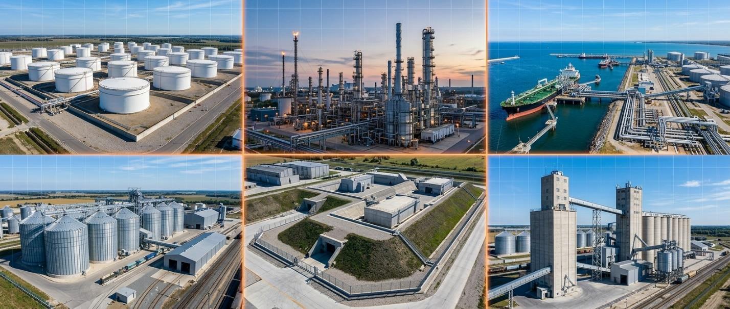 Промышленные объекты: резервуарные парки, НПЗ, терминалы и элеваторы
